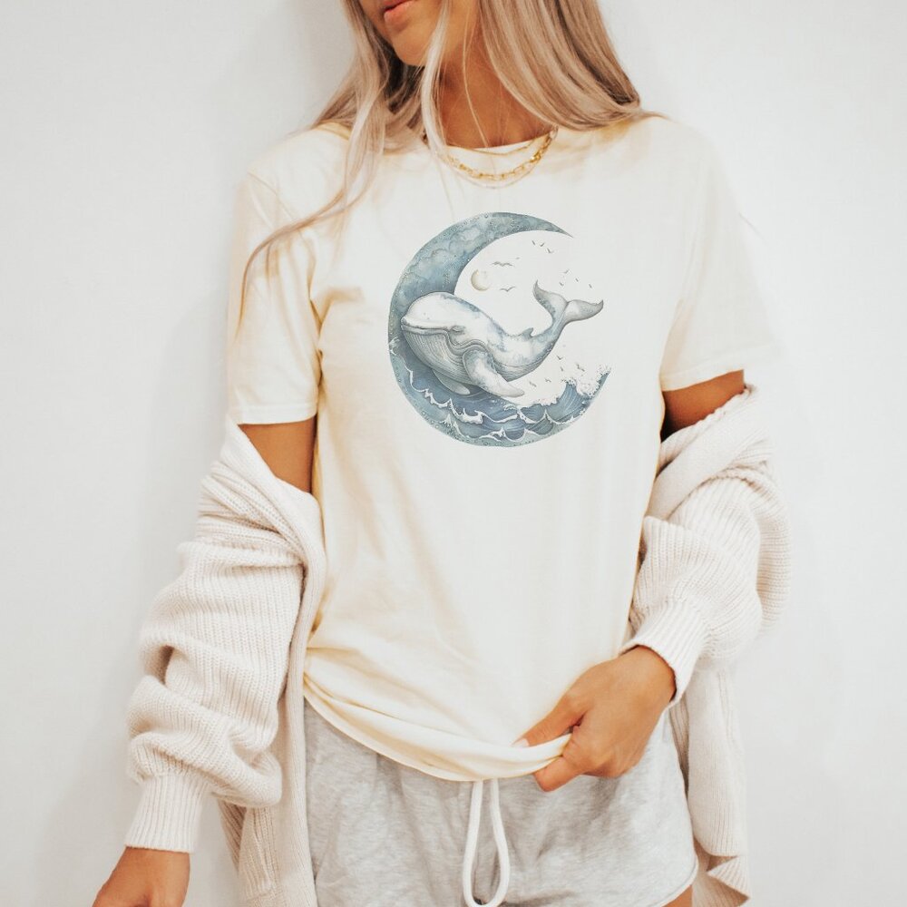 Moon Whale Shirt Celestial Ocean Tee Graphic Nautical Top - Picture 3 of 6
